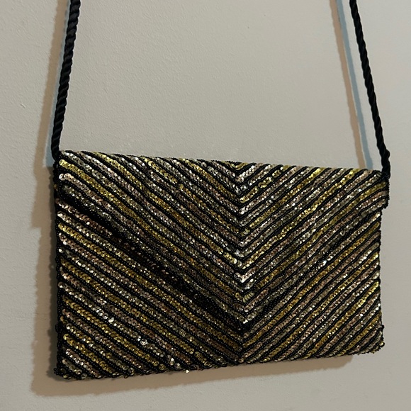 Sequined Black Satin Envelope Clutch w. Strap Evening Bag Purse Fashion Imports - Picture 2 of 5